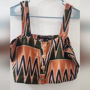 Veronica Beard Rust, Dark Green & Navy Geometric Crop Tank, Size Small.
